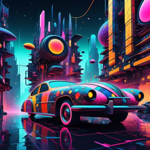 Prompt: (cyberpunk game style), vibrant colors, (futuristic cityscape with vintage car as counterpoint ), abstract forms inspired by Kandinsky, dynamic patterns reflecting Klee's style, ornate elements reminiscent of Klimt, floating dirigible, neon lights, high-tech elements, (surrealistic ambiance), intricate details, ultra-detailed, 4K resolution, immersive atmosphere, imaginative design, digital art masterpiece.