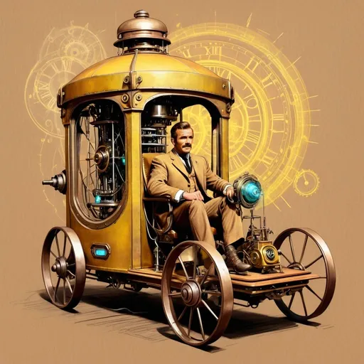 Prompt: Rough Colourful pastel sketch drawig on brown paper. Time traveler and his Victorian Time Machine, in the style of 1960 movie the Time Machine starring rod taylor, high contrast, digital art, detailed metallic machine, vintage futuristic, mysterious atmosphere, professional quality, sci-fi, steampunk, metal, yellow  tones, dynamic lighting