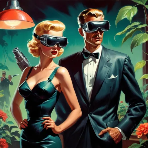 Prompt: (1950s pulp style art), dramatic lighting, small breasted blonde woman with VR goggles, wearing a cocktail dress, sinister man in tux approaching, menacing pose with garden clippers, suspenseful scene, bold and vibrant colors, retro illustration, high detail, cinematic atmosphere, tension-filled composition, stark contrasts, dramatic depth.