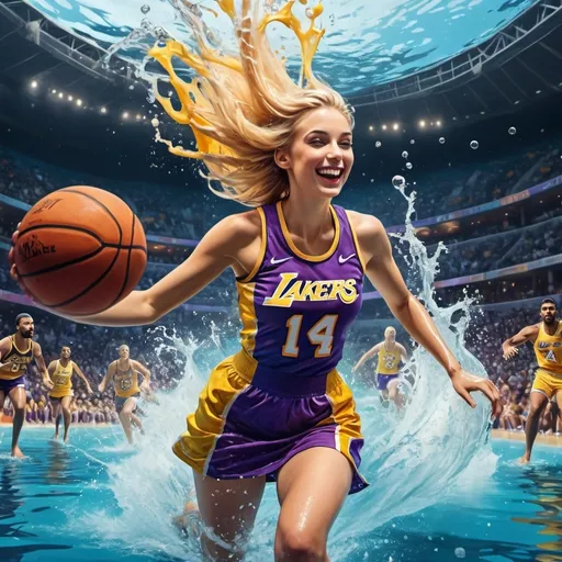 Prompt: (surrealism), cool color scheme, (pop art style), vibrant colors, (figurative art), smiling determined male, slender blond woman in tight form fitting laker girl outfit running, slam dunking basketball, Los Angeles Lakers  blue and gold skirt and  top, water-flooded basketball arena, colorful fish swimming, dynamic water splash on face, crisp details, (high-quality 4K), energetic atmosphere, unconventional composition contrasting sports action with underwater elements, surreal blend of motion and tranquility.