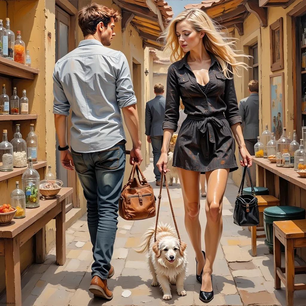 Prompt: "Full length full body thick impasto oil painting of two people by Robert Maguire , a shy man following a 25 year old blonde flirting woman in a short babydoll dress carrying a little dog in her purse. They walk through a crowded Moroccan Bazaar.