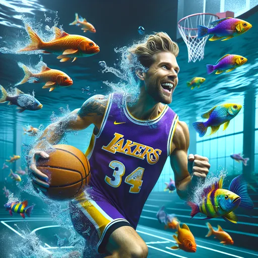 Prompt: (surrealism), cool color scheme, (pop art style), vibrant colors, (figurative art), smiling determined male, blond man running, slam dunking basketball, Los Angeles Lakers tank top, water-flooded basketball arena, colorful fish swimming, dynamic water splash on face, crisp details, (high-quality 4K), energetic atmosphere, unconventional composition contrasting sports action with underwater elements, surreal blend of motion and tranquility.