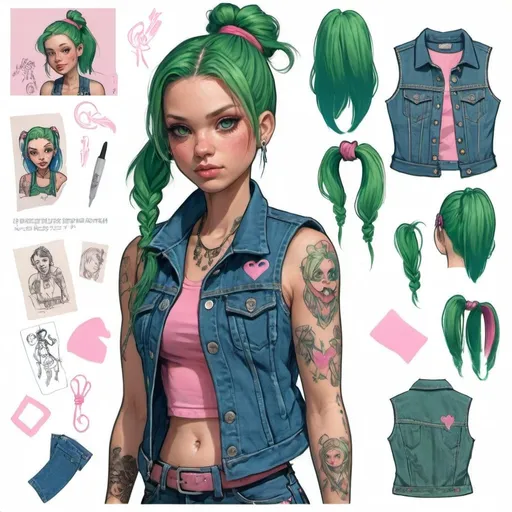 Prompt: Character design sheet woman green-pink pigtails denim vest with blue accents, tattoos