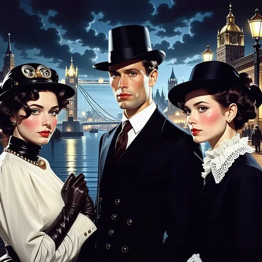 Prompt: (surrealism style full length portrait), (steampunk art style), moody shadows, dark color scheme, 1941 London setting, shadowy streets at night, closeup portrait of a (highly detailed) man and two women wearing elegant gloves, Tower Bridge in background, ethereal atmosphere, rich textures, dramatic contrast, visually captivating, (vibrant touches amid darkness), ultra-detailed, HD quality.