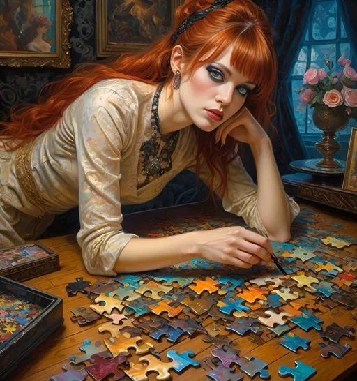 Prompt: (woman with detailed eyeshadow, mascara, eyeliner, emo makeup) playing with a giant jigsaw puzzle), intricate (details of jigsaw pieces), style of (Donato Giancola), (ultra-detailed oil painting), rich textures, dramatic lighting, dark shadowy wallpaper in background, a sense of playful nostalgia, elegant yet whimsical ambiance, showcasing vibrant colors against a beautifully crafted background, (fine art masterpiece).