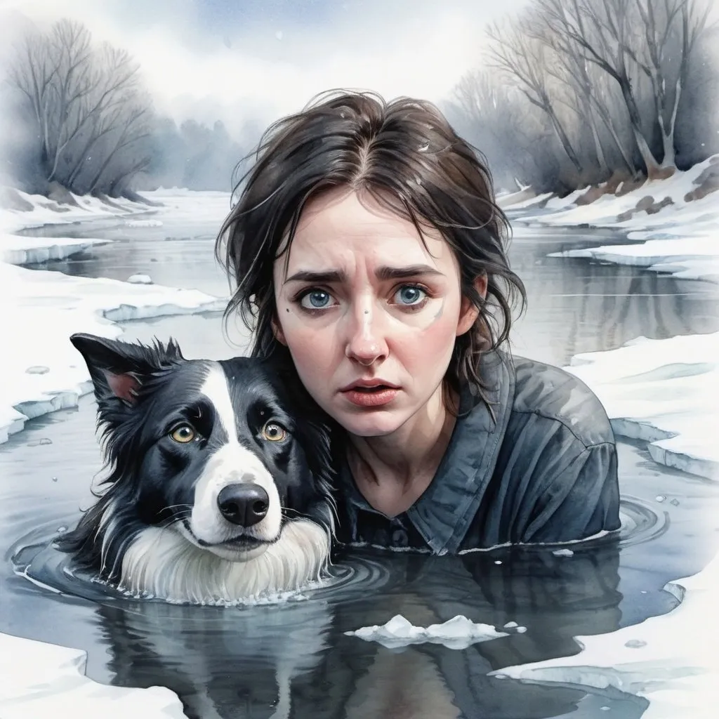 Prompt: <mymodel>Slender, pointy ears, border collie in action, watercolor, crying sad woman trapped in icy river, highres, detailed fur, emotional, watercolor painting, detailed eyes, icy river setting, traditional art, emotional lighting