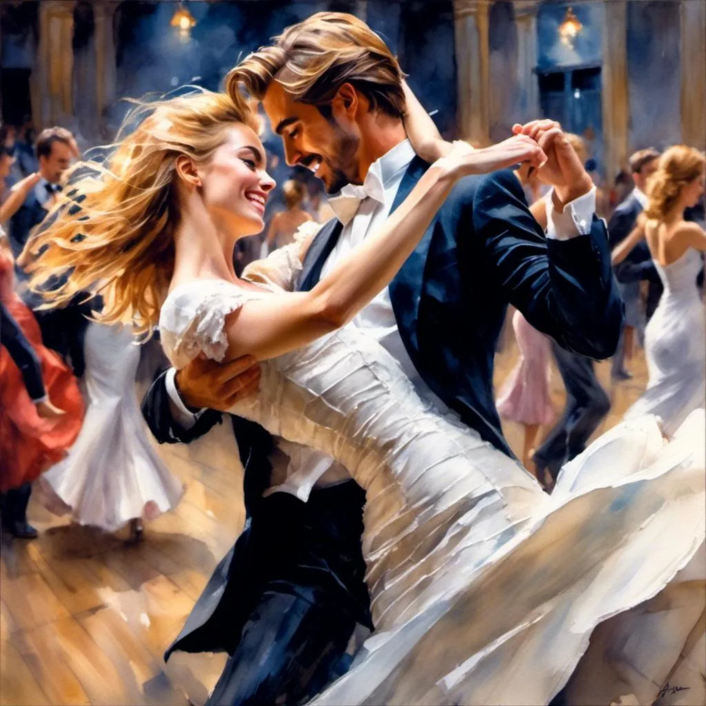 Prompt: <mymodel>Attractive man and woman emotionally react laughing hysterically while dancing, watercolor , romantic setting, warm and soft lighting, detailed facial features, flowing elegant movement, high quality, emotional,  detailed faces, elegant, warm lighting in style of Steve hanks