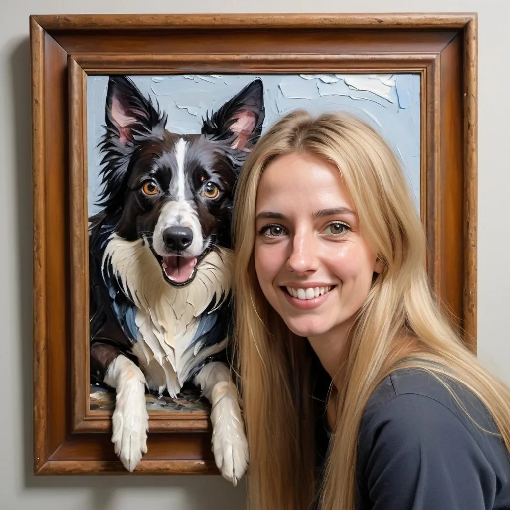 Prompt: thick impasto oil painting of long straight blonde hair brown eyed woman amused by a framed photo of a skinny pointy eared border collie, thick bumpy paint strokes