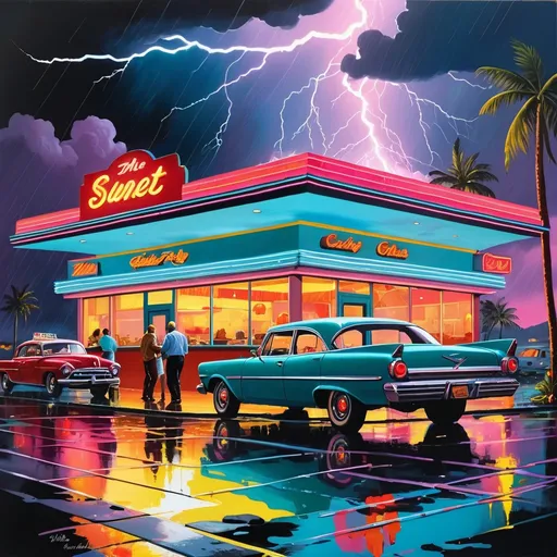 Prompt: Nighttime diner scene with neon lighting illuminating people inside. Outside, a huge rain storm is creating lightning, cars are being flooded away, natural disasters everywhere such as fire, mudslide, earthquake. Gouache and mixed-media, detailed interior, lively atmosphere, realism, cool tones, neon lighting, detailed characters, professional, atmospheric lighting, ironic contrast between the safety inside and the chaos outside