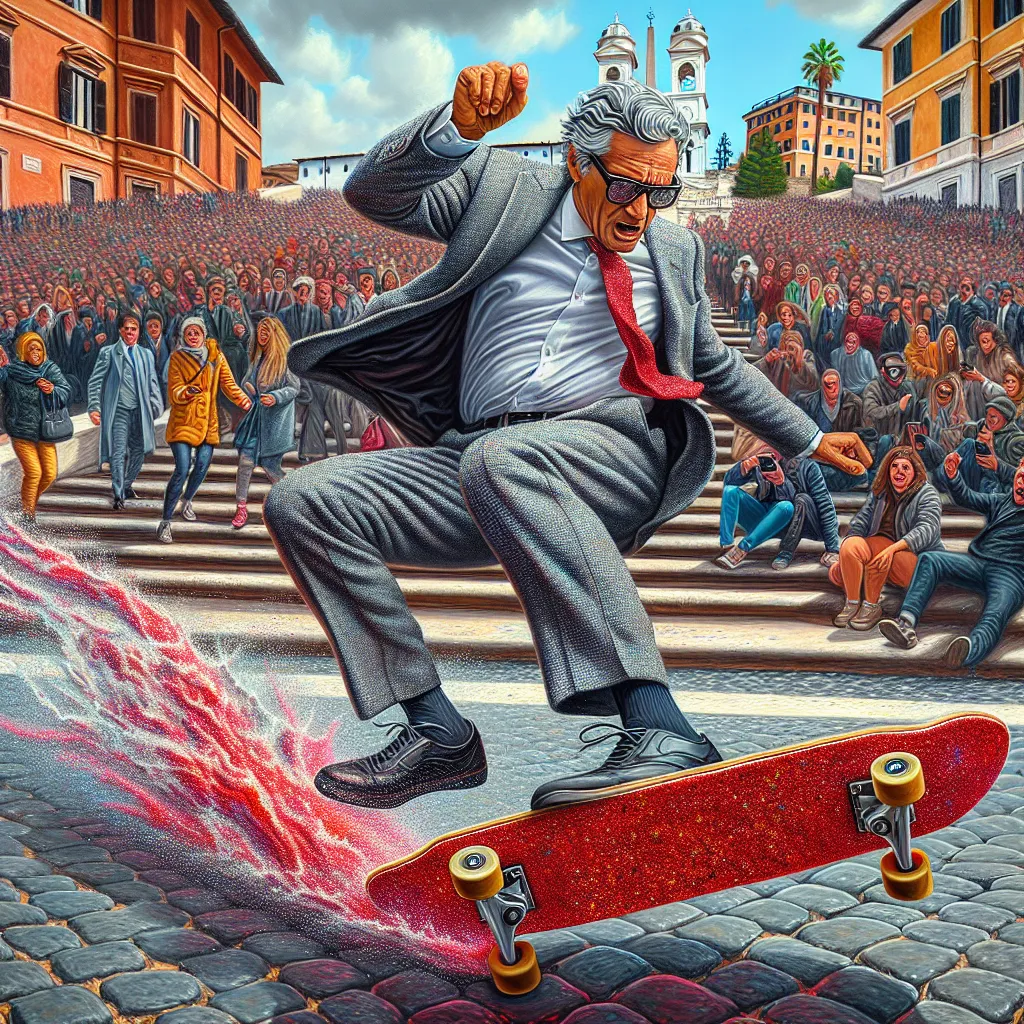 Prompt: A gray haired businessman in a gray flannel suit rides  a red glitter skateboard down the Spanish steps in Rome and launches into air. Pop art detailed facial features. Wild motion. Unusual angle. Colored oil, thick palette knife swirling, splatter-splash as Skateboard create splash as big crowd of tourists run away from man.