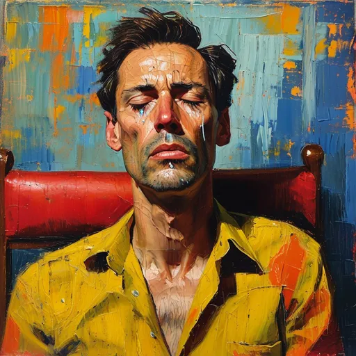 Prompt: <mymodel>abstract expressionism, attractive male psychologist, sad tearful woman, psychologist eating popcorn, chair, couch, emotional atmosphere, intense brushstrokes, vibrant colors, distressed expressions, high energy, raw emotion, large canvas, powerful composition. Will Barney, surreal, Robert longo 