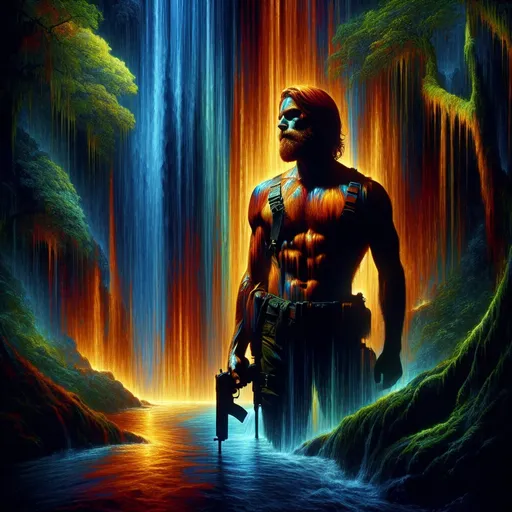 Prompt: Redhead man, full body angle, bathing in jungle waterfall, gun strapped over one shoulder, multicolored water, expressionism, dark orange blue, vibrant use light shadow