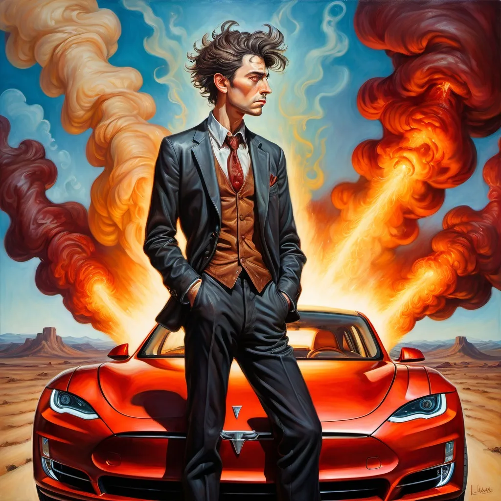 Prompt: (full body profile of a man), (sad handsomely-featured) artisan style, (inspired by Stanford Artgerm Lau, Milo Manara), (thick impasto oil painting), wide angle, (surrealism), ( comically huge time bomb with burning fuse) in hand, standing atop a Tesla ca, vivid hues, exploding with emotional depth, dramatic ambience, highly detailed, captivating contrasts, engaging composition.