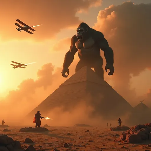 Prompt: (King Kong on an Egyptian Pyramid), colossal ape silhouette against the arid desert sky, surrounded by a cloud of dust and debris, exciting battle scene, biplanes soaring above, firing cannon shots, dramatic action, vibrant sunset colors casting shadows, (highly detailed, 4K), thrilling ambiance, sense of chaos and adventure, ancient structures in the background, evoking a historic clash of titans.