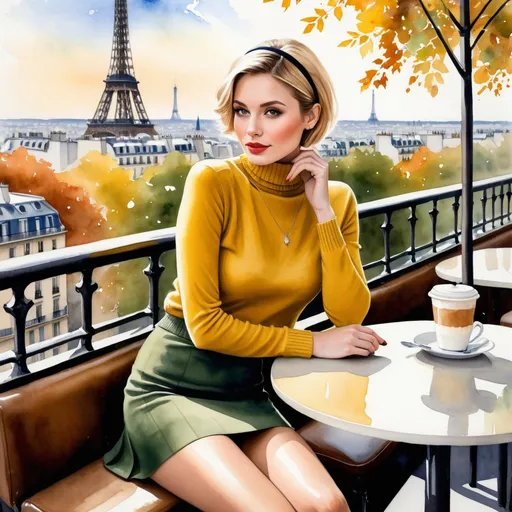 Prompt: Watercolor, gauche, mixed media, surreal. A beautiful slender 27 year old woman wearing a turtleneck sweater, sitting at cafe, legs apart, looking up at  Paris Eiffel Tower, short blonde hair with headband stylish hair cut, deep hazel eyes, very short tight leg yellow miniskirt, pale skin, skin colored tights, cafe, leaves, springtime, symmetrical face, long necklace, slight freckles on face and slight imperfections on skin, high heels, Bright eyes with highlights, professional lighting, highly detailed photo, full body, 