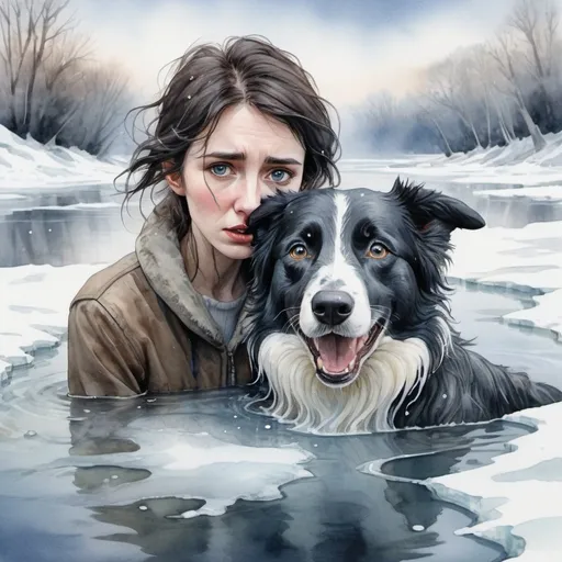 Prompt: <mymodel>Slender, pointy ears, border collie in action, watercolor, crying sad woman trapped in icy river, highres, detailed fur, emotional, watercolor painting, detailed eyes, icy river setting, traditional art, emotional lighting