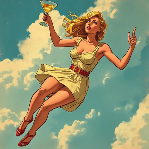 Prompt: (graphic novel illustration), (Will Eisner-inspired), (vibrant clouds), a beautiful 25 year-old woman skydiving in a cocktail dress holding a martini glass in one hand, (dynamic pose), (graphic novel style), (vector style), (M.C. Escher influences in clouds), (highly detailed), (colorful and dramatic), (captivating vintage aesthetics), (whimsical atmosphere).