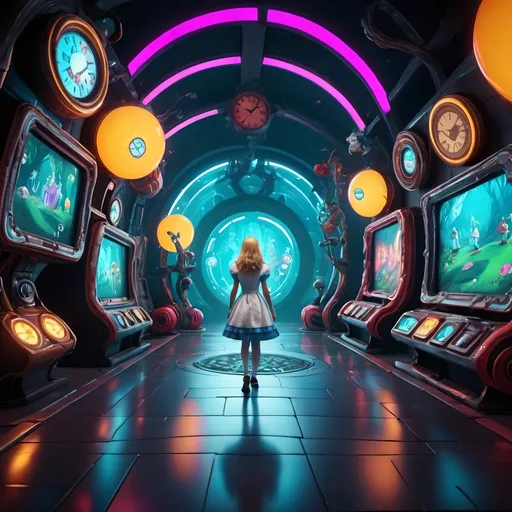 Prompt: FPS game with mature grownup Alice in Wonderland theme, high-tech HUD user interface, futuristic gaming interface, detailed 3D rendering, vibrant and surreal color palette, fantasy landscape, whimsical characters, high-tech gaming environment, detailed textures, immersive gaming experience, futuristic, highres, ultra-detailed, surreal, Alice in Wonderland, FPS game, vibrant colors, high-tech HUD, whimsical characters, detailed 3D rendering, immersive gaming experience