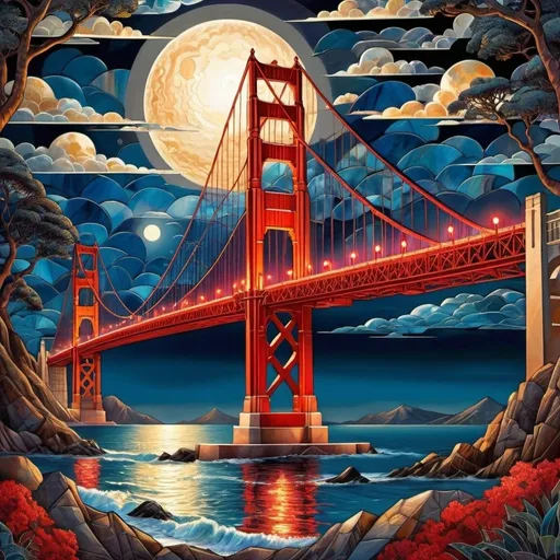 Prompt: Fabulous red Golden Gate Bridge, moonlit scene, art deco, contrasting colors, cubism, marbled effect, stained glass, detailed, elaborate, colorful, fantasy landscape, highres, moonlight, art deco, cubism, marbled effect,, fantasy, detailed, elaborate, professional, contrasting colors