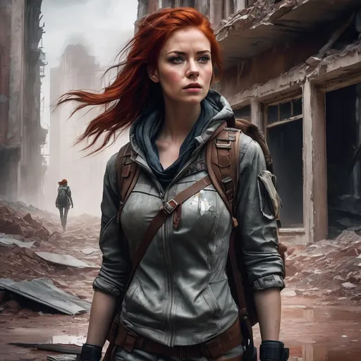 Prompt: Post-apocalyptic redhead female traveler, realistic digital painting, shattered buildings, tattered clothing, rugged backpack, dusty atmospheric setting, intense and determined expression, high quality, detailed, realistic, post-apocalyptic, traveler, dusty, atmospheric, intense expression
