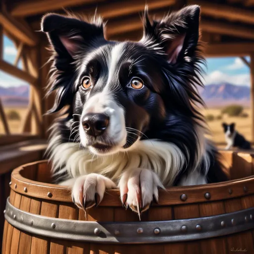 Prompt: <mymodel>Fantasy art of a skinny, short-haired, pointy-eared, black and white border collie stuck in a wooden barrel, detailed fur, desert, Western saloon town, magical dog kingdom in the distance, whimsical, high fantasy, detailed expression, mystical lighting, magical atmosphere, rich colors, highres, fantasy art, detailed fur, whimsical, desert landscape, magical dog kingdom, pointy ears, Western saloon town, mystical lighting