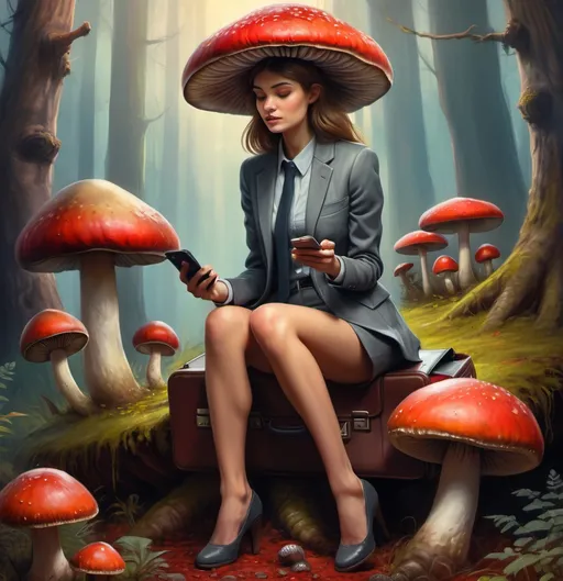 Prompt: (fantasy art), (detailed painting), slender 25-year-old fully grown Caucasian woman wearing a gray flannel suit, sitting on a large mushroom, holding a cellphone and a briefcase, a vibrant red mushroom beside her on the ground, ethereal forest background, soft warm lighting, intricately painted textures, whimsical atmosphere, rich colors, HD quality, magical ambiance, serene and enchanting scene, captivating beauty.