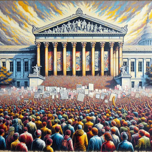 Prompt: (Banksy-inspired art), vibrant street art style, huge crowd protesting outside the US Supreme Court 