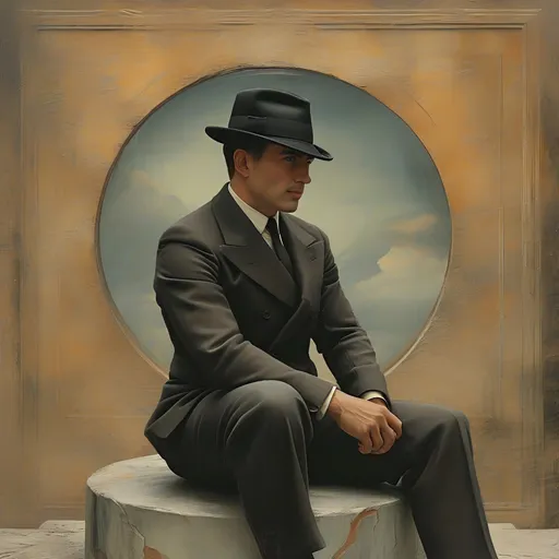 Prompt: Dressed in a sleek, tailored suit and a stylish black fedora, a man sits in a contemplative pose on a stone-like pedestal, his serious expression radiating intensity and focus. The dramatic backdrop features a softly lit circular structure that echoes the contours of the hat, creating a sense of depth and intrigue against a night sky sprinkled with faint stars. The warm, muted tones of the environment contrast with the crispness of his ensemble, while wisps of abstract detail dance around, adding an artistic flair. The overall composition exudes a classic noir vibe, encapsulating a mood of mystery and sophistication, inviting the viewer to ponder the story behind this enigmatic figure.