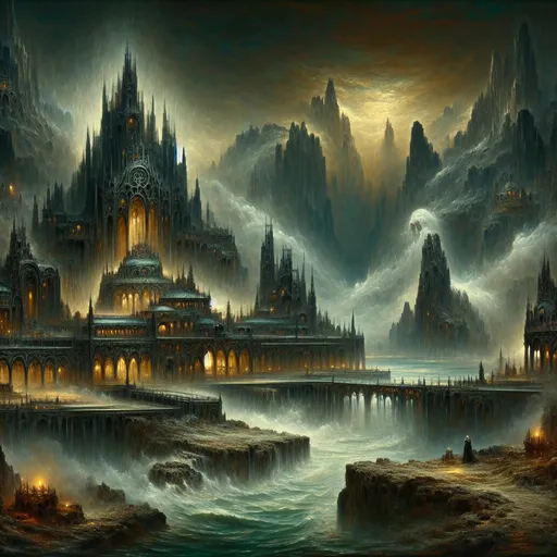 Prompt: Professional oil painting, 64K, UHD, at the mountains of madness setting, Lovecraftian horror, detailed architecture, eerie atmosphere, misty waterfront, eldritch creatures, macabre style, gothic tones, haunting lighting, intricate details, ominous sky, creepy ambiance