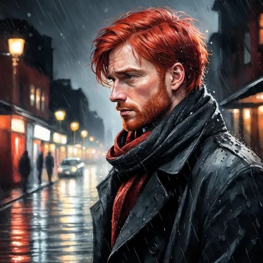 Prompt: Mixed media, red  and black tones, watercolor and colored pencils.   Unkempt red hair man in profile, 30s, distressed coat and scarf, standing in a rushing rain-flooded street at night, intense sadness, tearful emotions, high quality, dark and gritty, realistic style, moody lighting, high contrast, water setting, detailed facial expression, dramatic pose, distressed suit, scarf, city lights casting a somber glow, intense emotions, realistic, urban, detailed facial expression, highres, moody lighting, dramatic pose