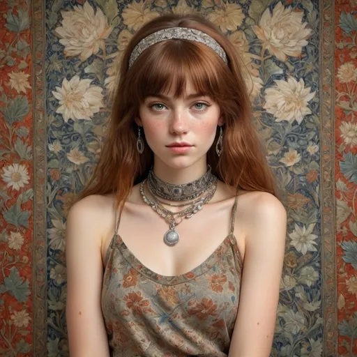 Prompt: (impressionism style portrait), warm color scheme, (full body), woman with brown bangs hair, freckles, adorned in an excess of silver jewelry, including (bracelet), (choker), (rings), (necklaces), (silver headband), set against a background of William Morris tapestry, vibrant and textured details, soft and expressive brushstrokes, high quality, ultra-detailed.