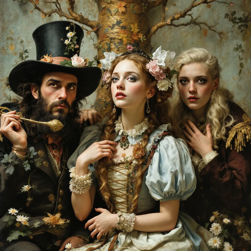 Prompt: Imagine Alice in wonderland characters as if the Pre-Raphaelite painters painted them.