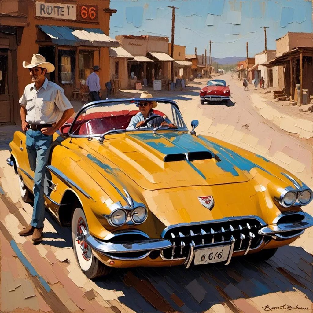 Prompt: <mymodel>thick impasto oil painting, bumpy brushstrokes, of two men in a corvette driving through a desert western town. Sign reads “Route 66”