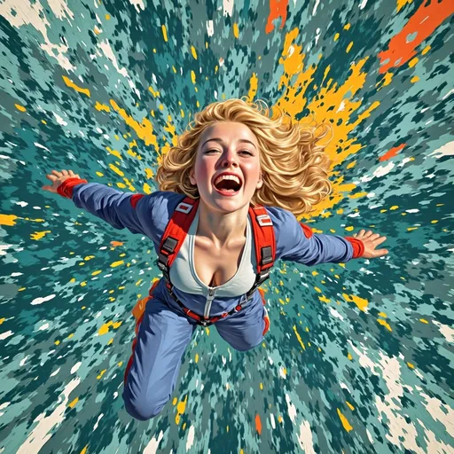 Prompt: This is a vibrant, dynamic digital closeup illustration  of an excited blonde woman with a UHD facial features parachuting downward  as viewed from below. The scene featuring a predominantly blue, red and white color scheme with striking red accents,   

The background is an abstract, energetic mix of teal and dark green, with bold, painterly strokes and splashes of bright yellow and orange, creating a sense of motion and excitement. The yellow and orange splashes are particularly prominent, radiating outward from the parachute , adding to the dynamic feel of the illustration. The texture of the background is rough and expressive, with visible brushstrokes that contrast with the smooth, sleek lines of the woman’s outfit.

Overall, the image conveys a sense of speed, energy, and modernity, with a vivid color palette and a dynamic composition that draws the viewer's eye to the central subject of the parachute . The style is highly stylized and contemporary, with a strong emphasis on movement and color.