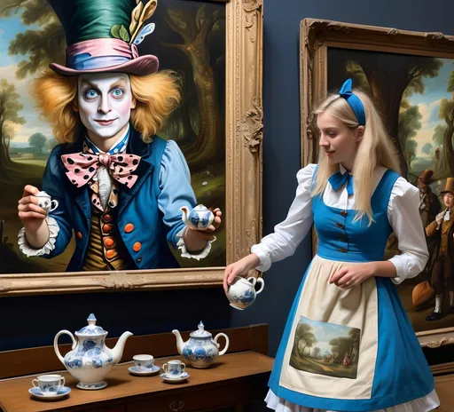 Prompt: Alice in wonderland in blue pinafore minidress, blonde headband hair, holding a teapot, is walking past a painting of  the mad hatter, David Teniers III, fine art, classical painting, a fine art painting. The mad hatter tries to steal Alice’s teapot .