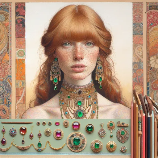 Prompt: (Watercolor, gouache, colored pencils, ink, mixed media portrait), pastel color scheme, (full body), woman with strawberry blonde long bangs hair, freckles and naturally textured blemished skin, adorned in an excess of emerald and ruby jewelry, including (emerald bracelet), (ruby choker), (colored rings), (pendant necklaces), (jeweled headband), set against a background of William Morris silk, mohair and wool tapestry, vibrant and textured details, soft and expressive brushstrokes, high quality, ultra-detailed.