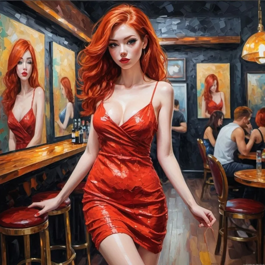 Prompt: <mymodel>heavy thick impasto oil painting red hair slender flirt nightclub, full body, downward perspective, summer dress, heels 