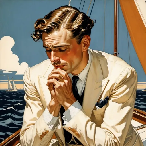 Prompt: Sad man weeping into his hands, man sailing away on yacht, Leyendecker illustration, Jazz age, vintage, emotional, detailed tears, classic art style, 1920s fashion, high quality, vintage illustration, emotional, classical, dramatic lighting