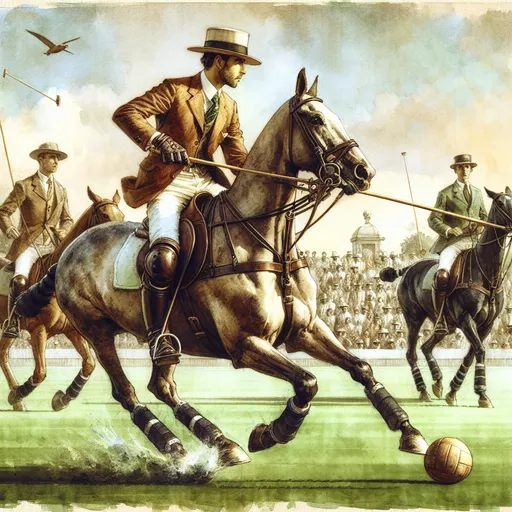 Prompt: Watercolor painting of a (white polo player), 1930s era, horse, polo match extreme action scene, vibrant colors, dynamic movement, intense and focused expression, vintage attire, soft brushstrokes, warm and sun-drenched tones, background with spectators in old-fashioned clothing, lush green polo field, ultra-detailed, high quality, beautifully composed, nostalgic atmosphere, muted sky, painterly texture, masterpiece, extreme action, unusual pose.