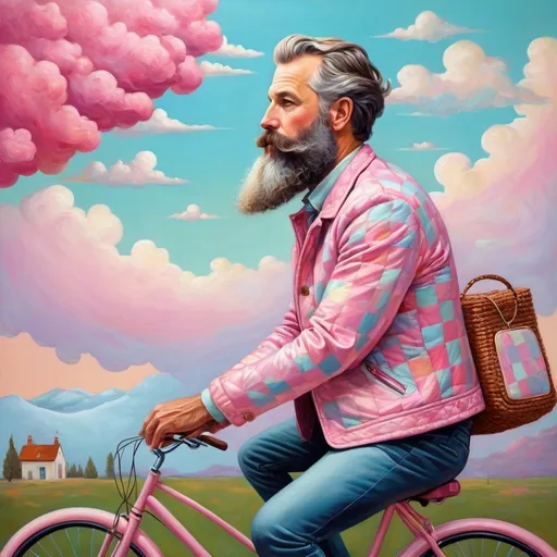 Prompt: Dreamlike, surrealistic illustration of a 50-year-old Caucasian man with a beard in profile, riding a pink bicycle, wearing a checkered jacket, oil painting, whimsical atmosphere, pastel colors, detailed facial features, surreal, dreamlike, vintage vibe, whimsical lighting