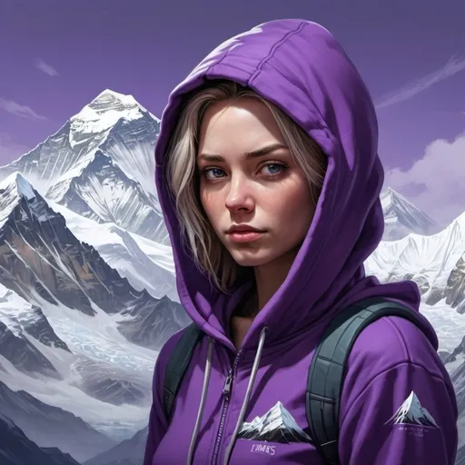 Prompt: a woman in a purple hoodie with a mt Everest in the background, Android Jones, fantasy art, highly detailed digital painting, a character portrait