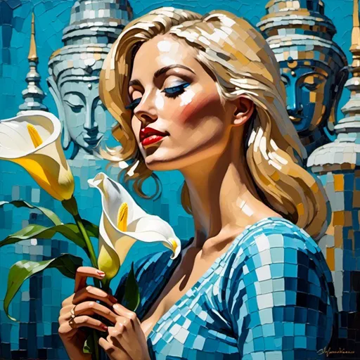 Prompt: <mymodel>Pop art painting of an blue eyed adventurous blonde lady holding a bouquet of calla lily flowers at a Buddhist temple, statue of Buddha, high definition, partial profile, looking up, strong colors, dripping paint, checkerboard background 
, vibrant, detailed, retro, dynamic lighting