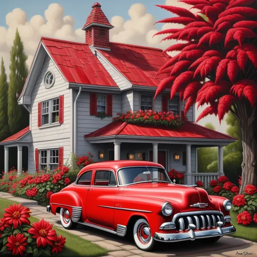 Prompt: a painting of a red 1952 Chevy car parked in front of a house with red flowers on it's roof, Anne Stokes, folk art, detailed painting, a detailed painting