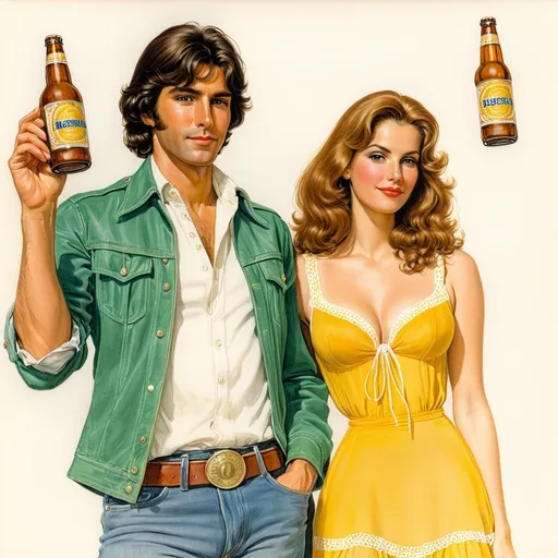 Prompt: a man and woman standing next to each other holding a beer bottle and a beer bottle in their hands, Barbara Nessim, barbizon school, 1 9 7 0 s, color pencil sketch