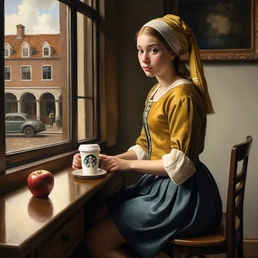 Prompt: Oil painting, Vermeer , Dutch Golden Age, Starbucks cup, miniskirt girl, looks out window, Apple computer, atmospheric lighting, detailed facial features, highres, detailed clothing, classical, warm tones, historical setting, detailed brushwork, professional