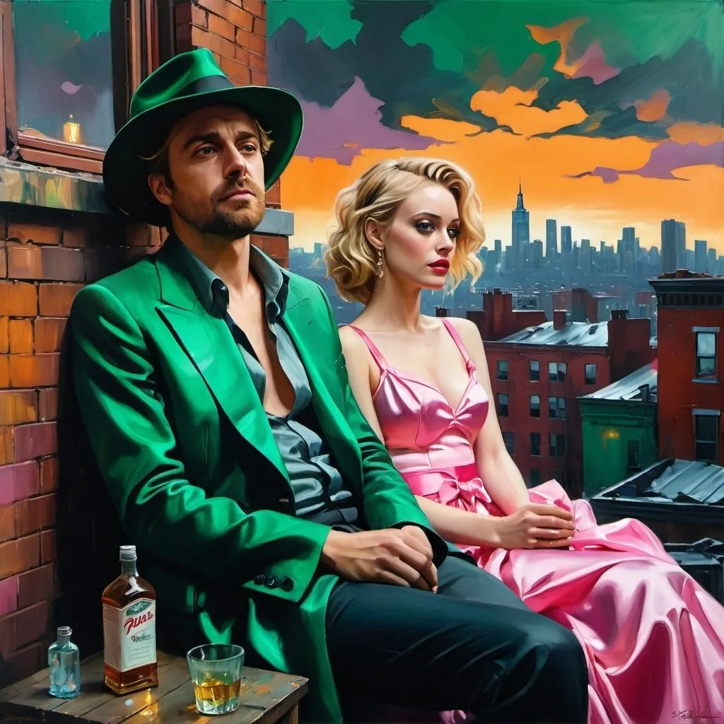 Prompt: pulp style. A close up view of a lonely homeless man in tattered clothes and hat and a Drunken blonde female who looks like Evan Rachel wood dressed in a ridiculous puffy green satin party dress with a pink sash. They are sitting in torn and distressed sofa chairs, by a broken shattered TV and other trash, on a tenement rooftop, city skyline, night, oil painting, desolate surroundings, gritty realism, dark and somber tones, dramatic lighting, ultra-detailed, emotive, expressive faces, urban tenement roof, reflective lighting, oil painting, desolate, gritty, dramatic lighting, somber tones, expressive faces