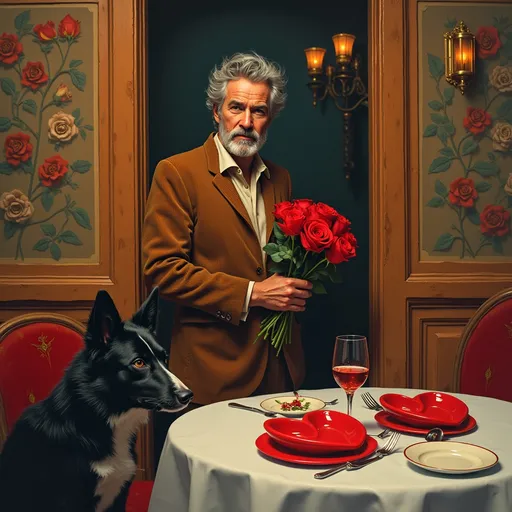 Prompt: Psychedelic art scene featuring a gray haired man with striking brown eyes, short trimmed gray beard, elegantly carrying red roses while dressed in a 1970s brown corduroy jacket. He stands in the doorway of fancy dinner restaurant, showcasing a table adorned with two whimsical red heart-shaped plates. A (playful black pointy-eared border collie) lurks in the background. This highly detailed digital painting captures a surreal, colorful ambiance, blending elements of love and whimsy in a dreamy atmosphere. Ultra-detailed, captivating.