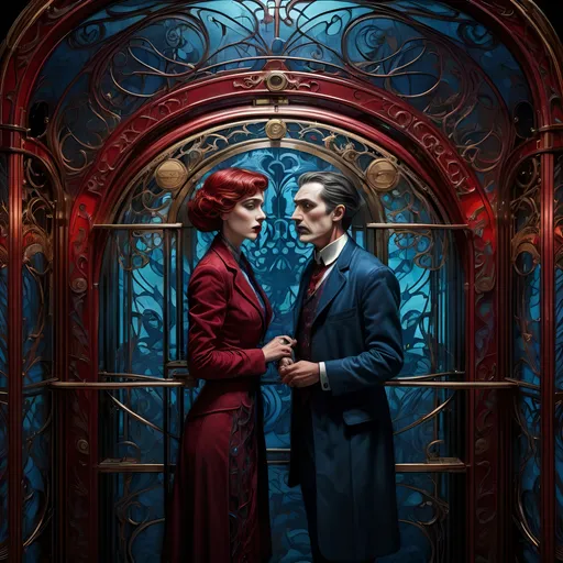 Prompt: (four people jammed into a European cage elevator), art nouveau style, expressionism, vibrant color scheme, dark red, blue, vibrant use of light and shadow, detailed facial features with intense expressions, melancholic atmosphere, intricate detailing on the elevator cage with elegant, curved lines, moody lighting creating strong contrast, ultra-detailed, high resolution, 4K quality, complex backgrounds with ornate architectural elements