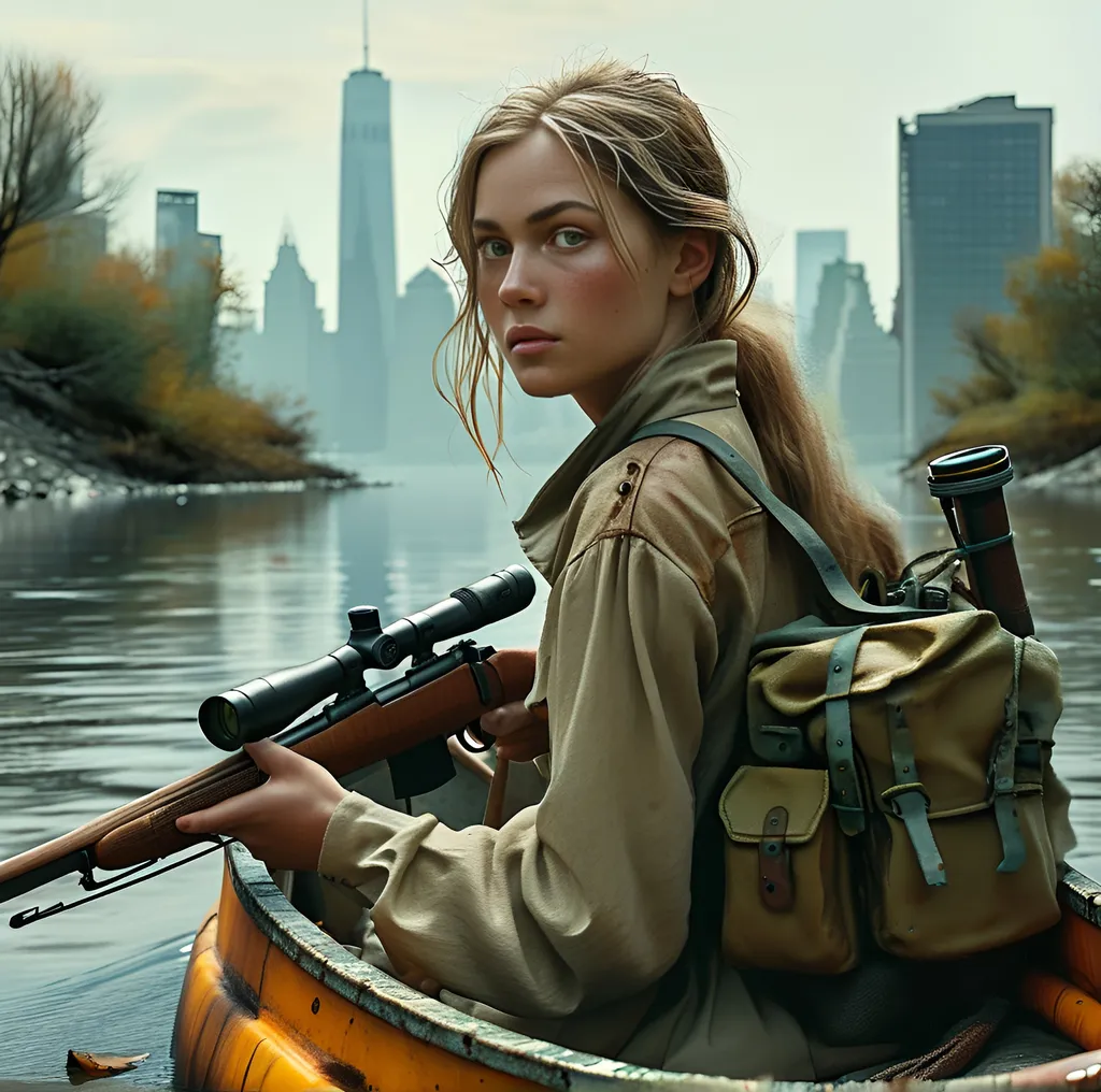 Prompt: Surreal pastel portrait seen in profile, (ethereal atmosphere), Caucasian blonde pretty green eyed woman woman paddling a canoe down the east river beside New York City, with a rifle and scope strapped to her back, other supplies in the canoe.post-apocalyptic battleground, soft pastel colors, misty and surreal lighting, slightly glowing hues, sense of urgency and determination, ruins and broken structures in the background, high detail and ultra-detailed, 4K realism, cinematic depth, high contrast between characters and background, floating particulate matter, dramatic composition.