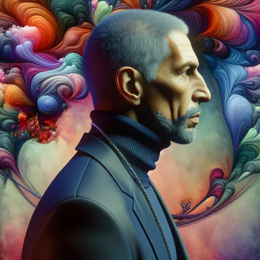 Prompt: Surreal pastel sketch Water color painting of hallucinations of balding man, 3d render, fashion, dark fantasy, vibrant, conceptual art, black turtleneck and silver chain necklace